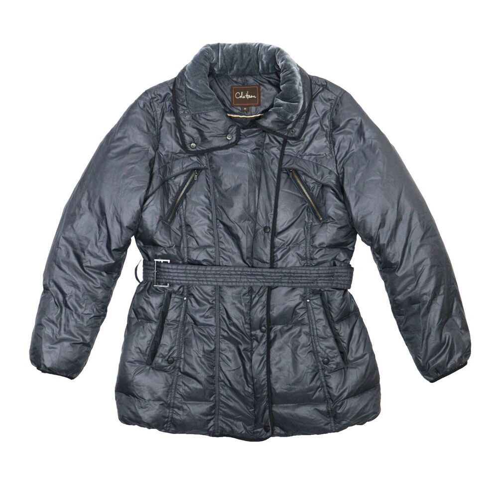 Cole‎ Haan Puffer Jacket Womens M Down Feathers Black Asymmetrical Coat EUC